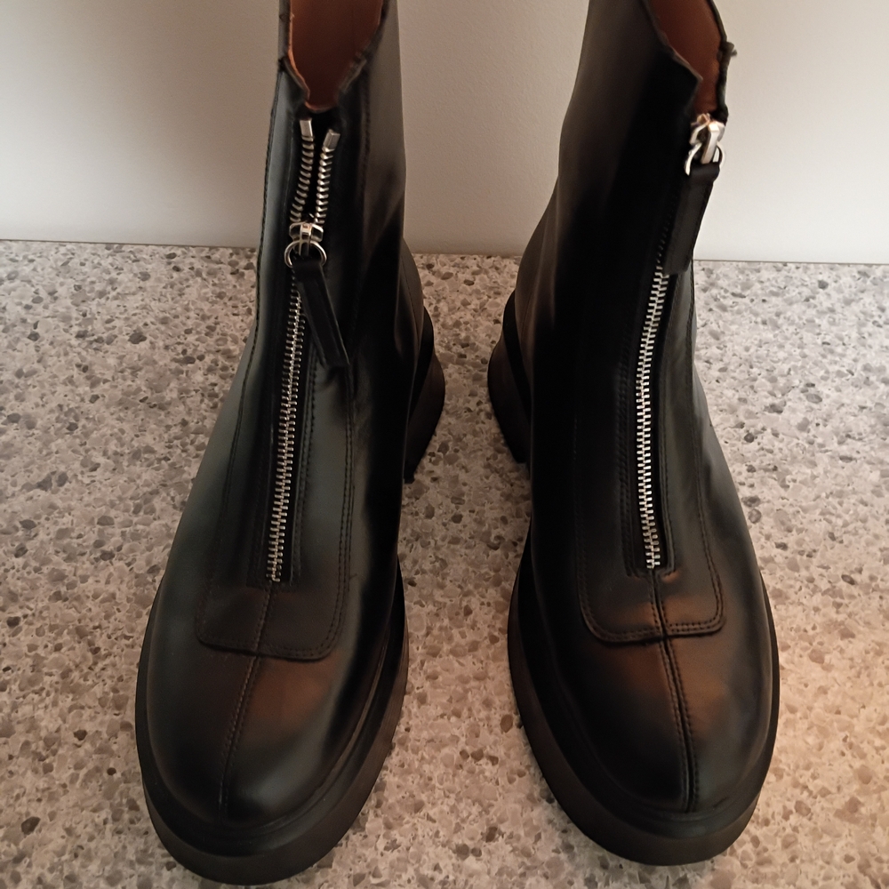 Front-Zip Black Leather Combat Boots for Women
